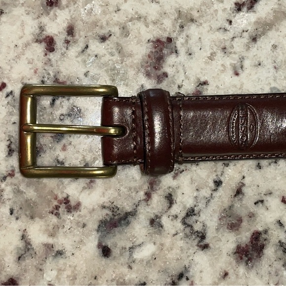 Fossil Genuine Leather Brown Belt 32” Braided Woven Bow Tie Embossed Solid Brass - Picture 2 of 8